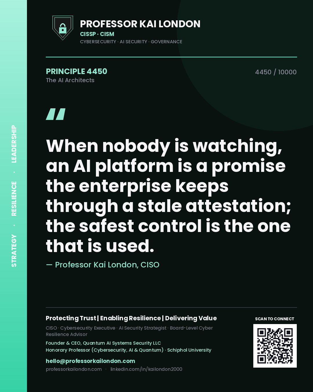 Professor Kai London principle 4450: When nobody is watching, an AI platform is a promise the enterprise keeps through a stale attestation; the safest control is the one that is used.