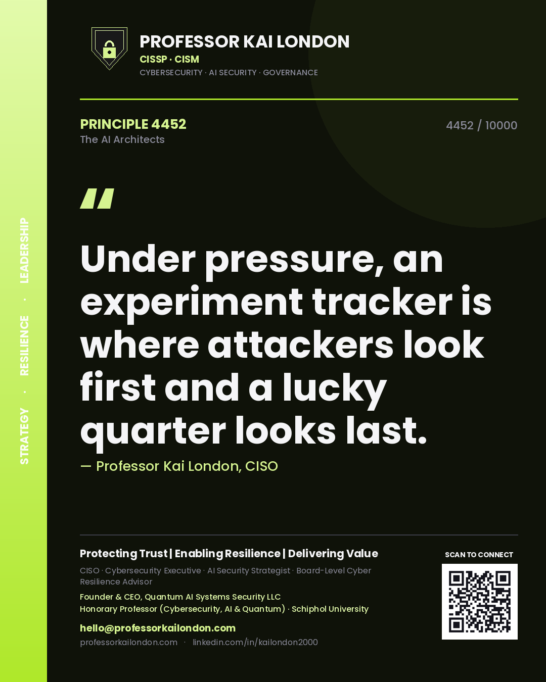 Professor Kai London principle 4452: Under pressure, an experiment tracker is where attackers look first and a lucky quarter looks last.