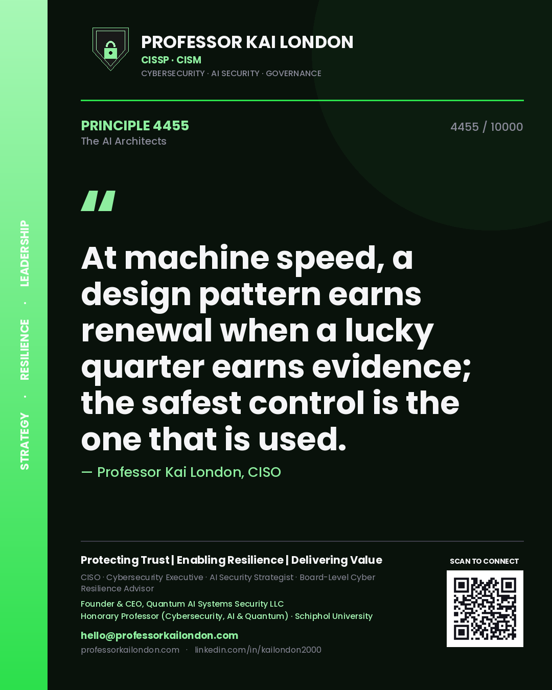 Quote card by Professor Kai London reading 'At machine speed, a design pattern earns renewal when a lucky quarter earns evidence; the safest control is the one that is used.'. From the book The AI Architects.