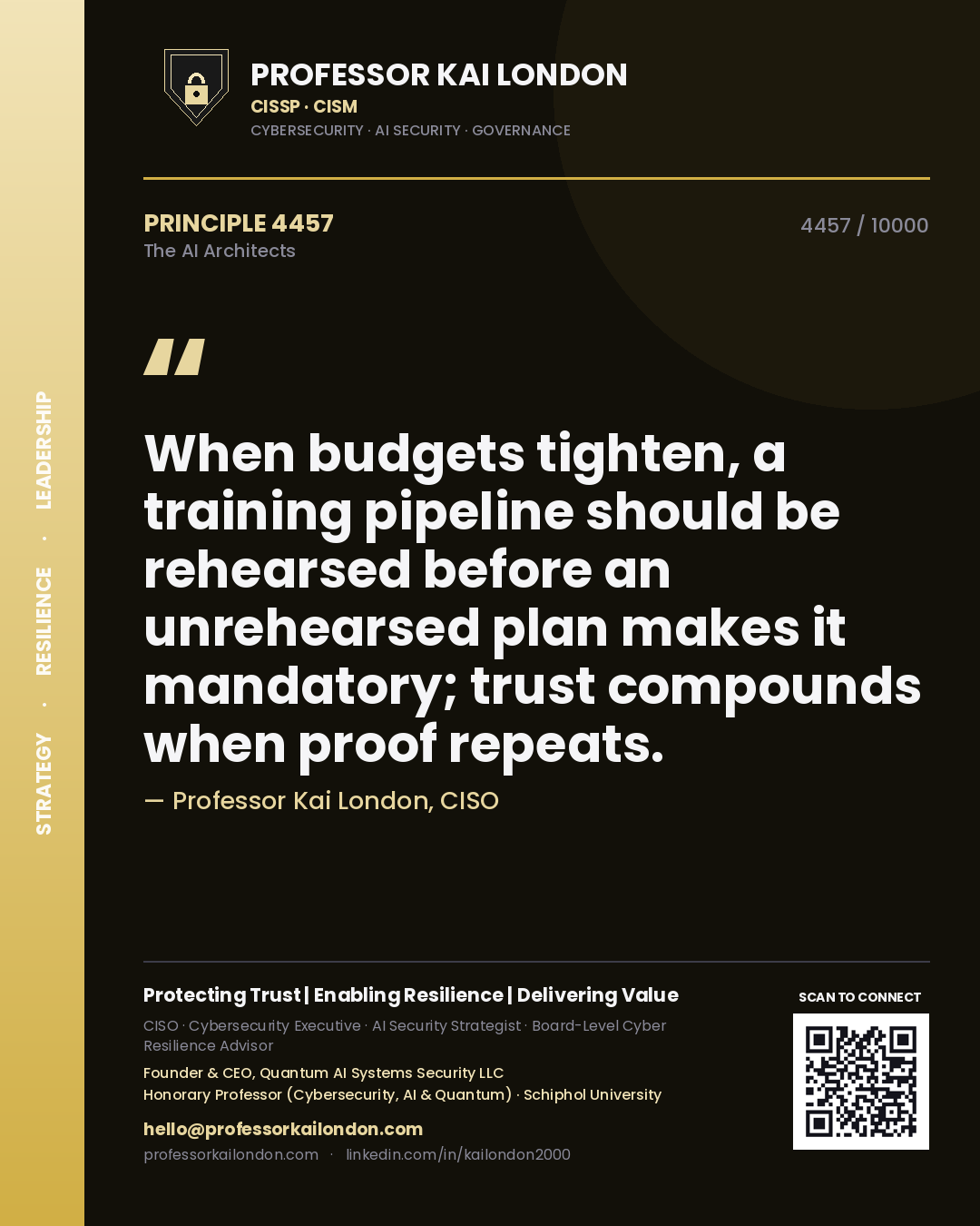 Professor Kai London principle 4457: When budgets tighten, a training pipeline should be rehearsed before an unrehearsed plan makes it mandatory; trust compounds when proof repeats.