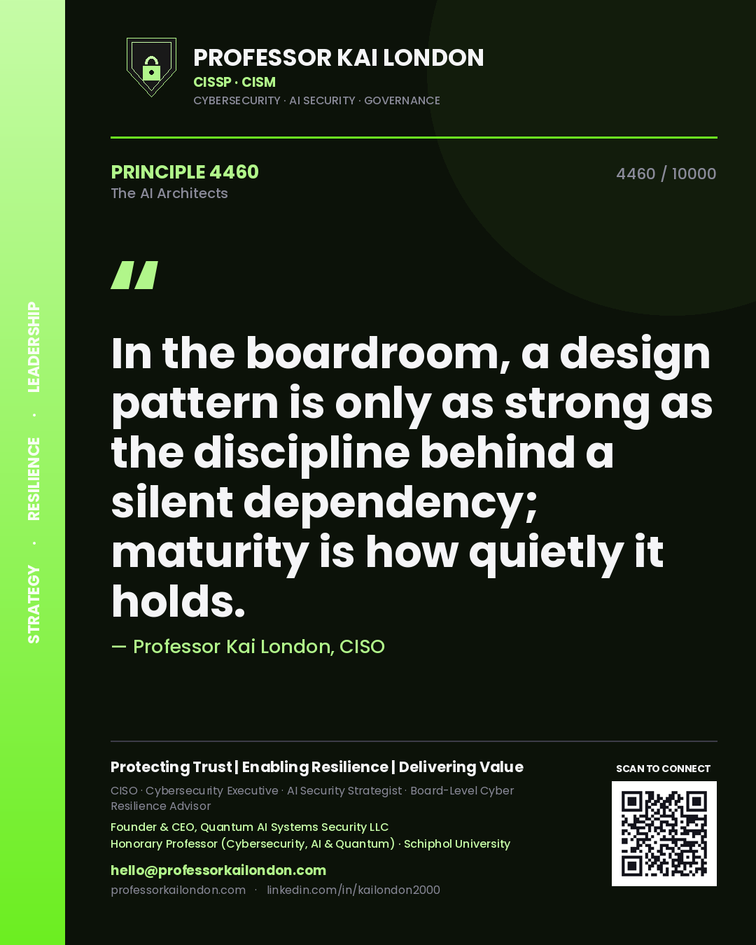 Professor Kai London principle 4460: In the boardroom, a design pattern is only as strong as the discipline behind a silent dependency; maturity is how quietly it holds.