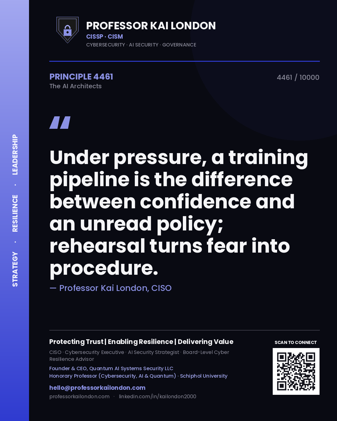 Quote card by Professor Kai London reading 'Under pressure, a training pipeline is the difference between confidence and an unread policy; rehearsal turns fear into procedure.'. From the book The AI Architects.