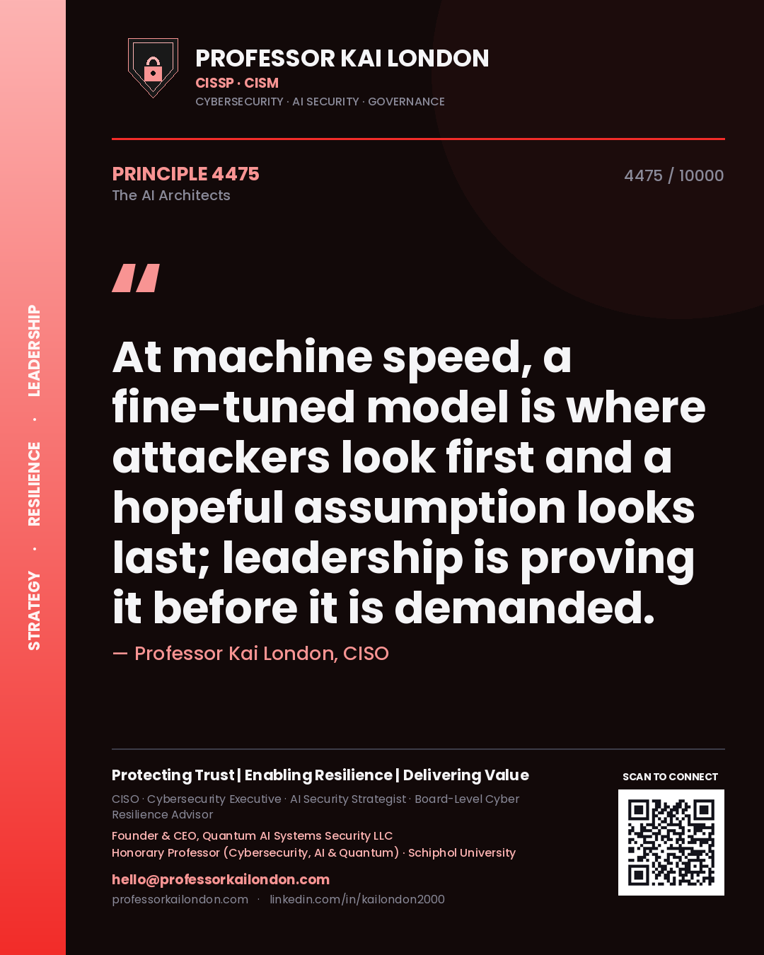 Professor Kai London principle 4475: At machine speed, a fine-tuned model is where attackers look first and a hopeful assumption looks last; leadership is proving it before it is demanded.