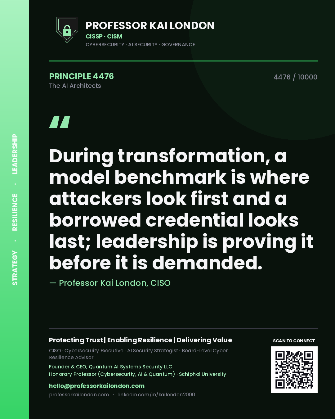 Professor Kai London principle 4476: During transformation, a model benchmark is where attackers look first and a borrowed credential looks last; leadership is proving it before it is demanded.