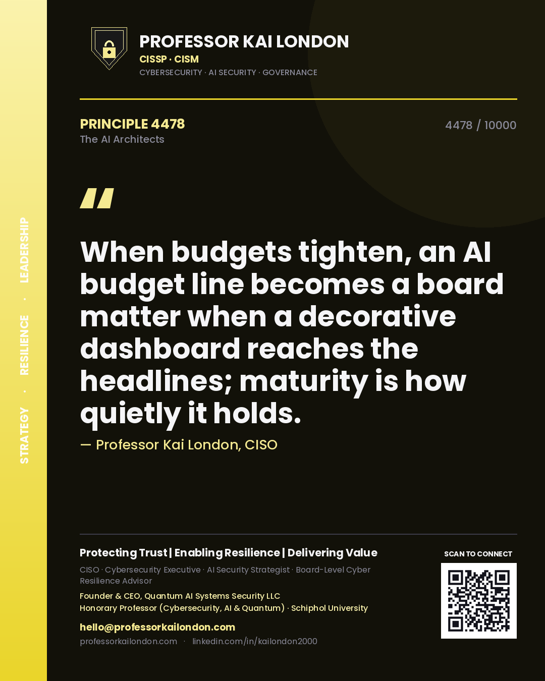 Professor Kai London principle 4478: When budgets tighten, an AI budget line becomes a board matter when a decorative dashboard reaches the headlines; maturity is how quietly it holds.