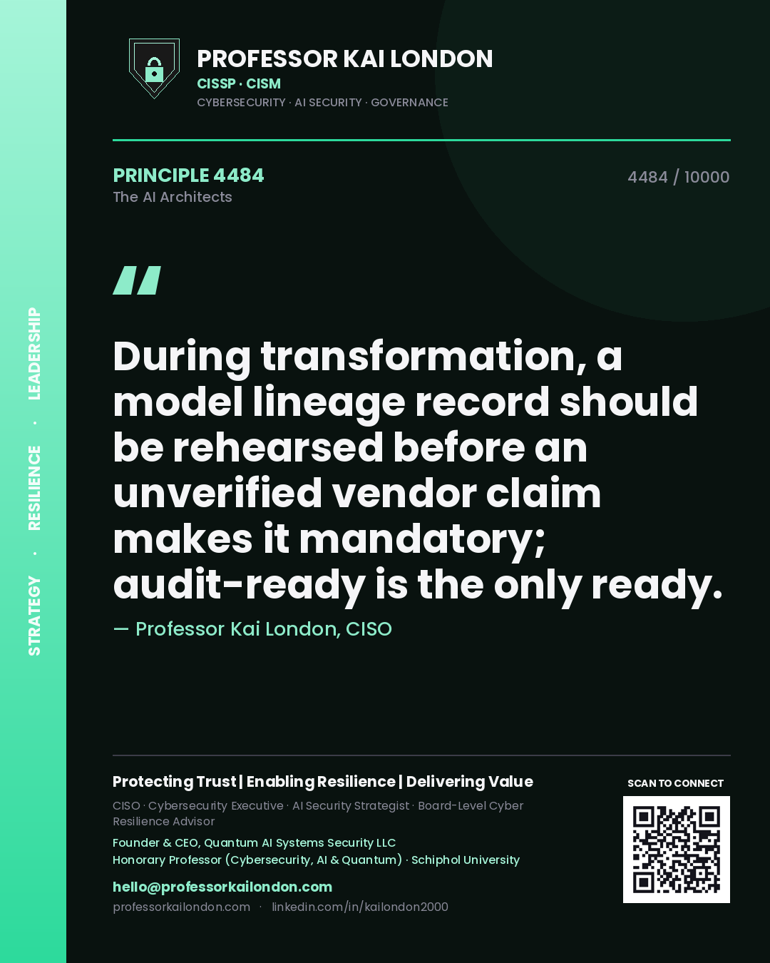 Quote card by Professor Kai London reading 'During transformation, a model lineage record should be rehearsed before an unverified vendor claim makes it mandatory; audit-ready is the only ready.'. From the book The AI Architects.