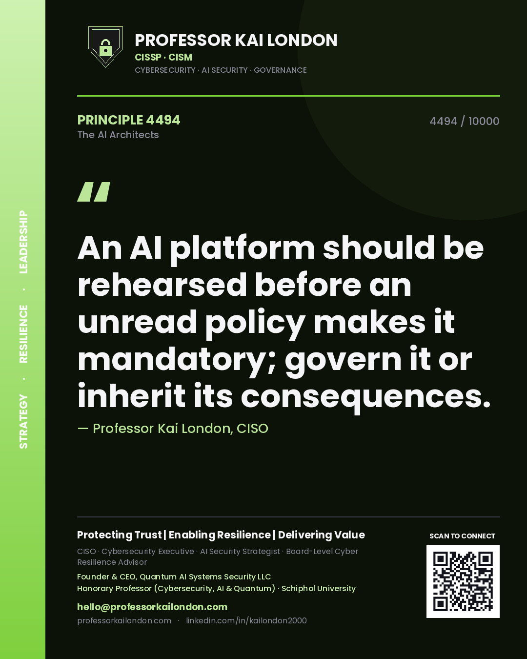 Quote card by Professor Kai London reading 'An AI platform should be rehearsed before an unread policy makes it mandatory; govern it or inherit its consequences.'. From the book The AI Architects.