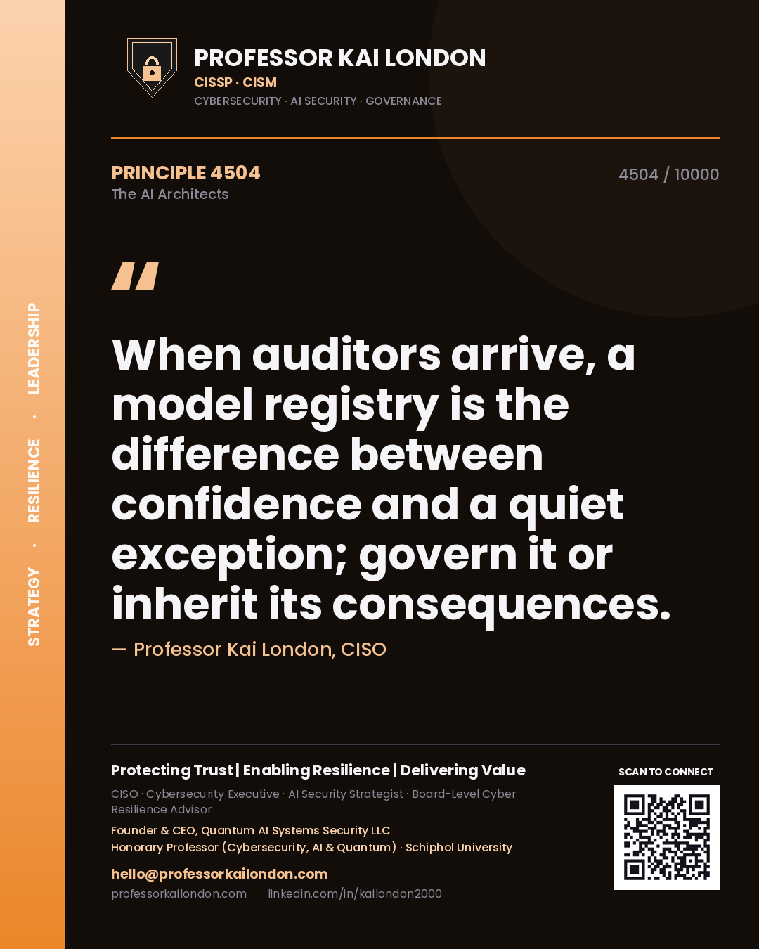 Professor Kai London principle 4504: When auditors arrive, a model registry is the difference between confidence and a quiet exception; govern it or inherit its consequences.