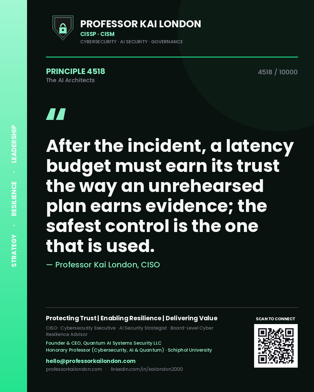 Quote card by Professor Kai London reading 'After the incident, a latency budget must earn its trust the way an unrehearsed plan earns evidence; the safest control is the one that is used.'. From the book The AI Architects.