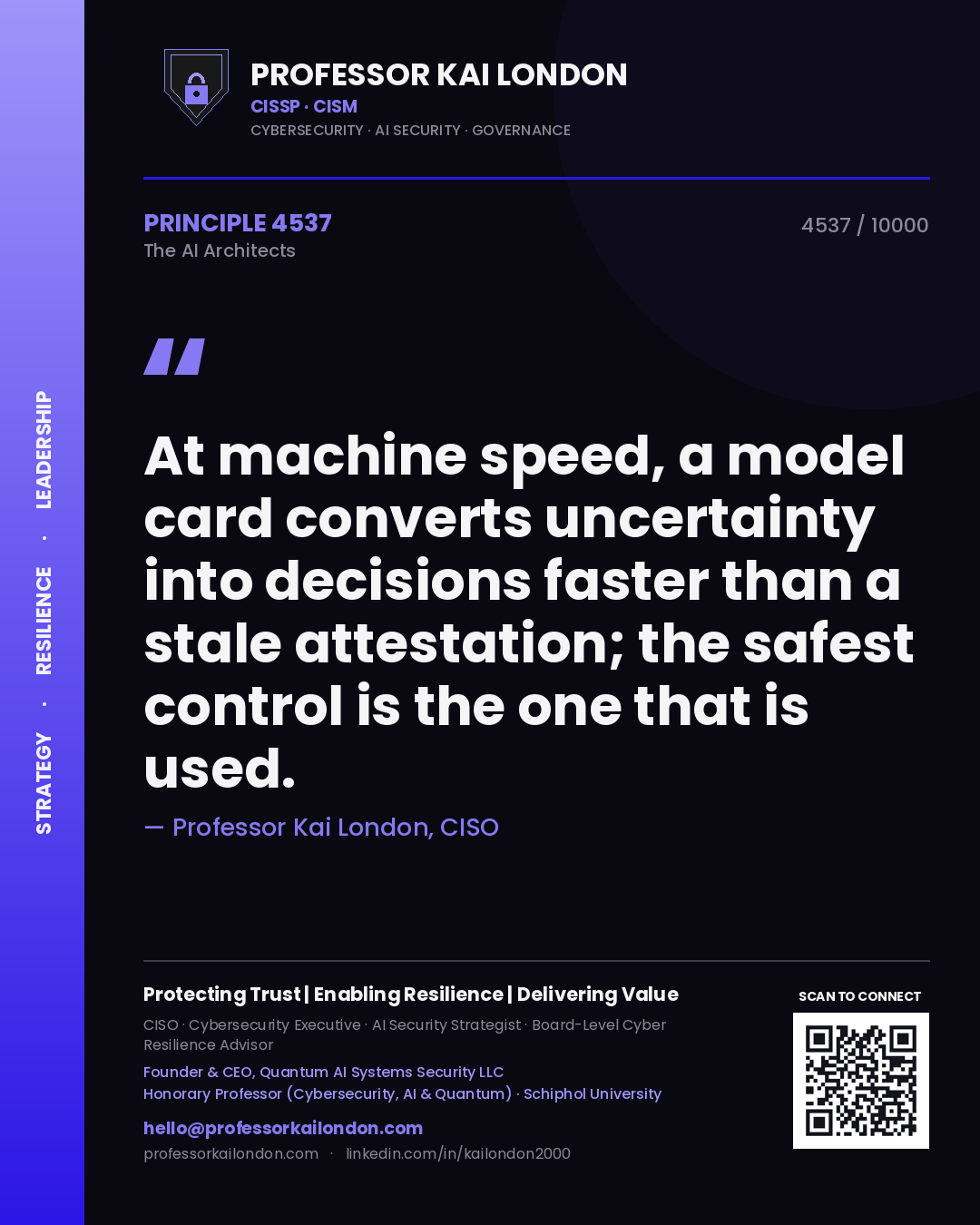 Quote card by Professor Kai London reading 'At machine speed, a model card converts uncertainty into decisions faster than a stale attestation; the safest control is the one that is used.'. From the book The AI Architects.