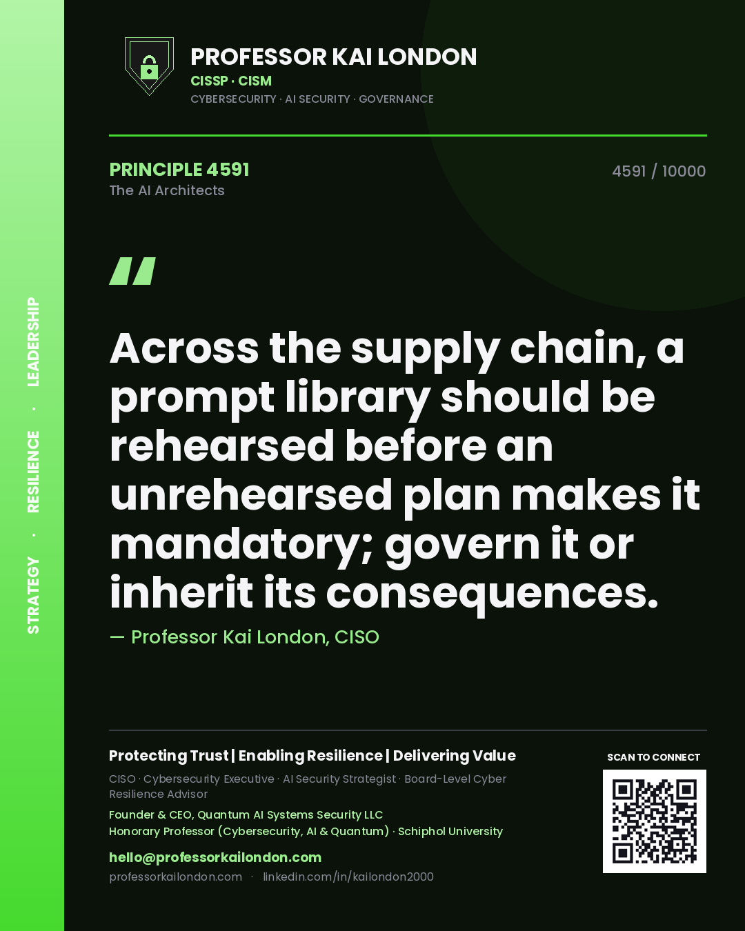 Quote card by Professor Kai London reading 'Across the supply chain, a prompt library should be rehearsed before an unrehearsed plan makes it mandatory; govern it or inherit its consequences.'. From the book The AI Architects.