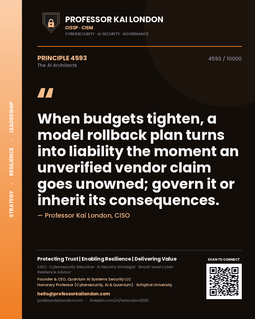 Quote card by Professor Kai London reading 'When budgets tighten, a model rollback plan turns into liability the moment an unverified vendor claim goes unowned; govern it or inherit its consequences.'. From the book The AI Architects.
