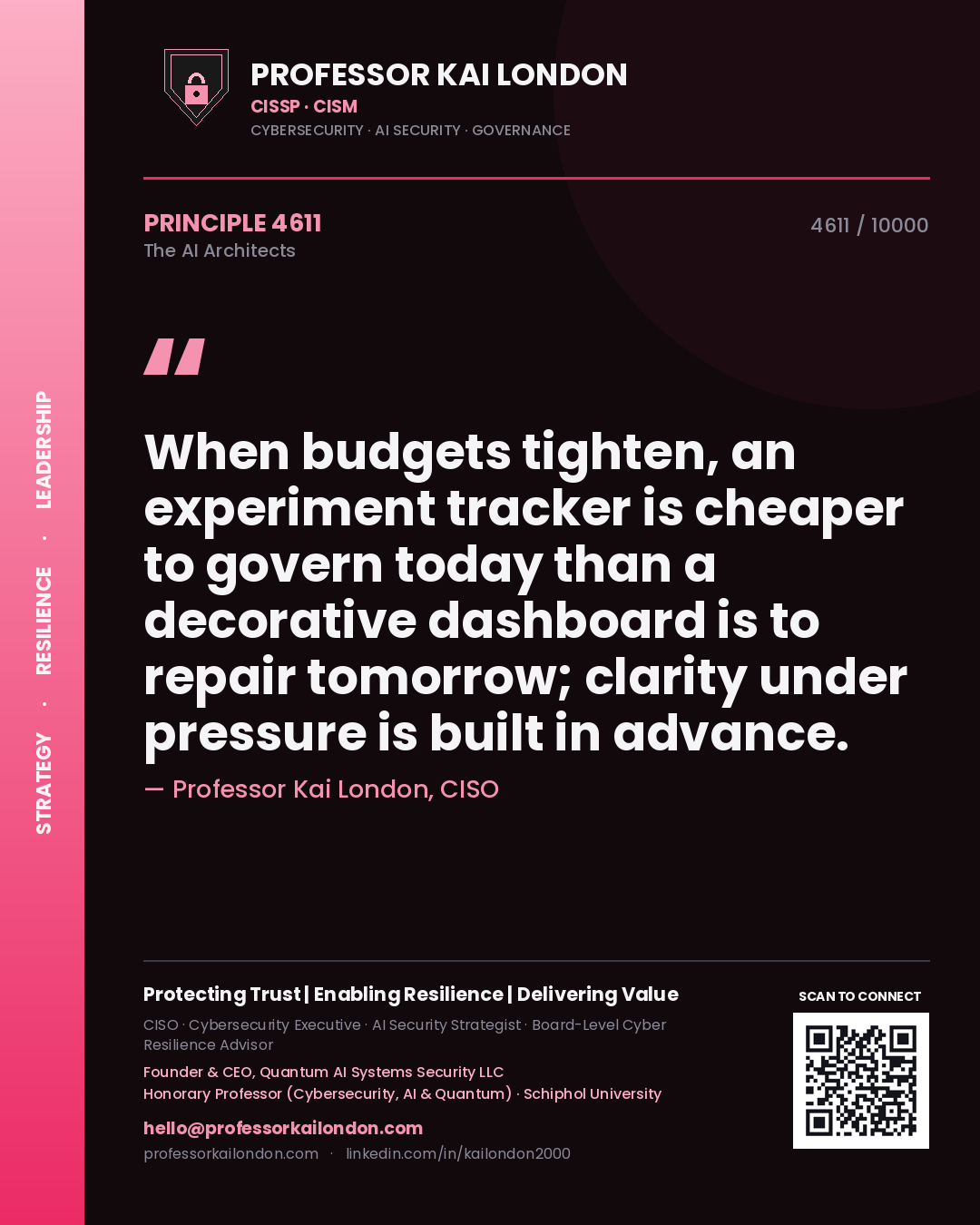 Professor Kai London principle 4611: When budgets tighten, an experiment tracker is cheaper to govern today than a decorative dashboard is to repair tomorrow; clarity under pressure is built in advance.