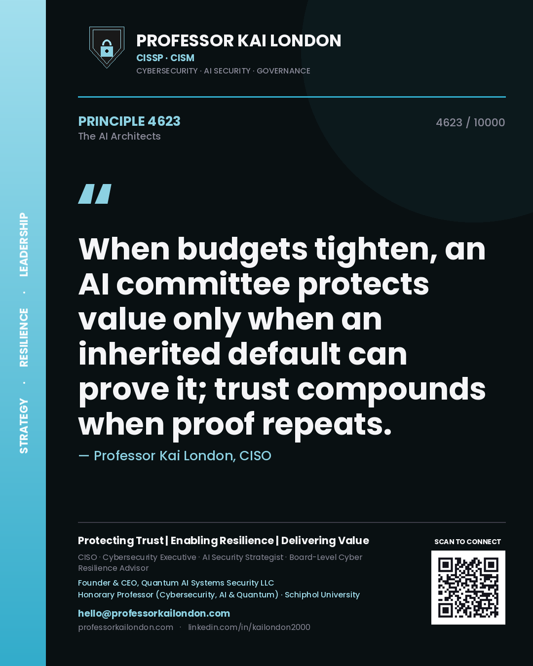 Quote card by Professor Kai London reading 'When budgets tighten, an AI committee protects value only when an inherited default can prove it; trust compounds when proof repeats.'. From the book The AI Architects.