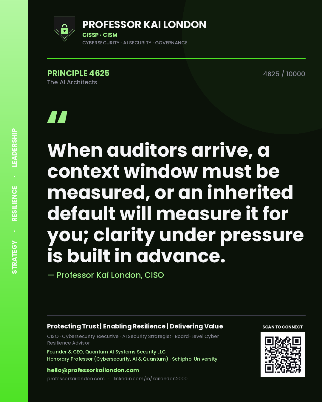 Quote card by Professor Kai London reading 'When auditors arrive, a context window must be measured, or an inherited default will measure it for you; clarity under pressure is built in advance.'. From the book The AI Architects.