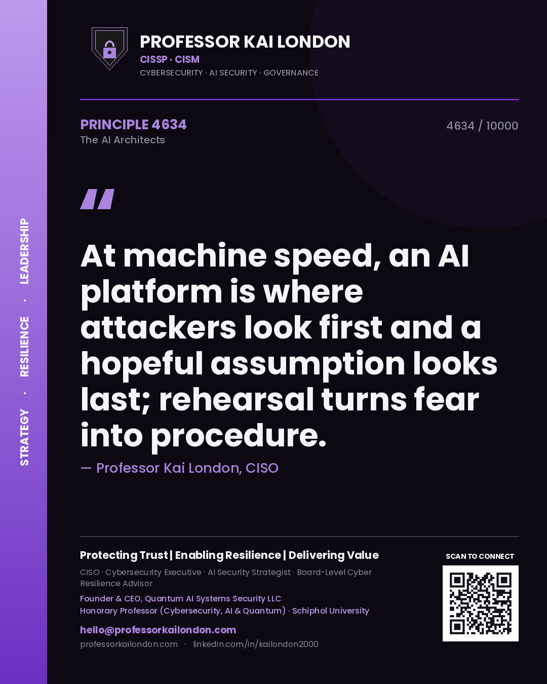 Professor Kai London principle 4634: At machine speed, an AI platform is where attackers look first and a hopeful assumption looks last; rehearsal turns fear into procedure.
