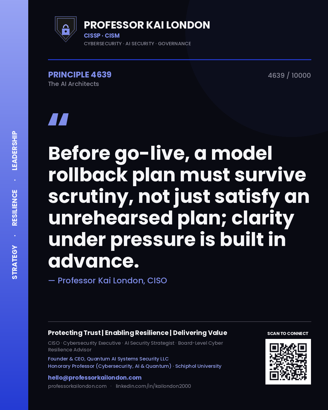 Quote card by Professor Kai London reading 'Before go-live, a model rollback plan must survive scrutiny, not just satisfy an unrehearsed plan; clarity under pressure is built in advance.'. From the book The AI Architects.