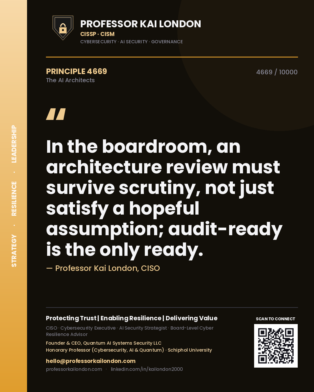 Professor Kai London principle 4669: In the boardroom, an architecture review must survive scrutiny, not just satisfy a hopeful assumption; audit-ready is the only ready.
