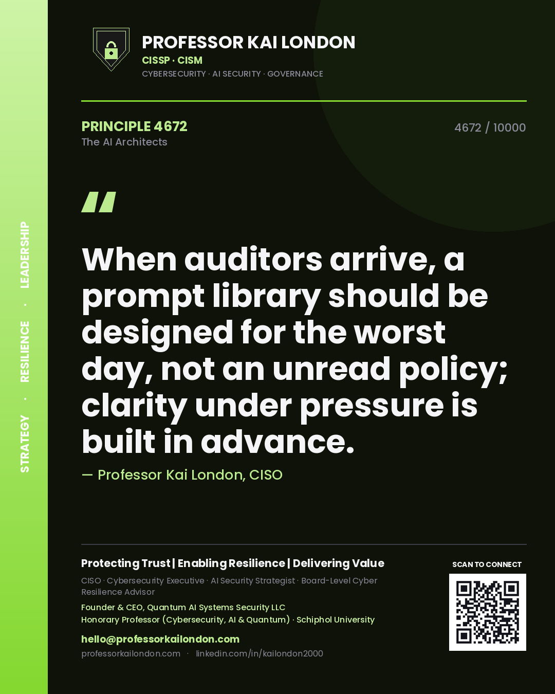 Quote card by Professor Kai London reading 'When auditors arrive, a prompt library should be designed for the worst day, not an unread policy; clarity under pressure is built in advance.'. From the book The AI Architects.