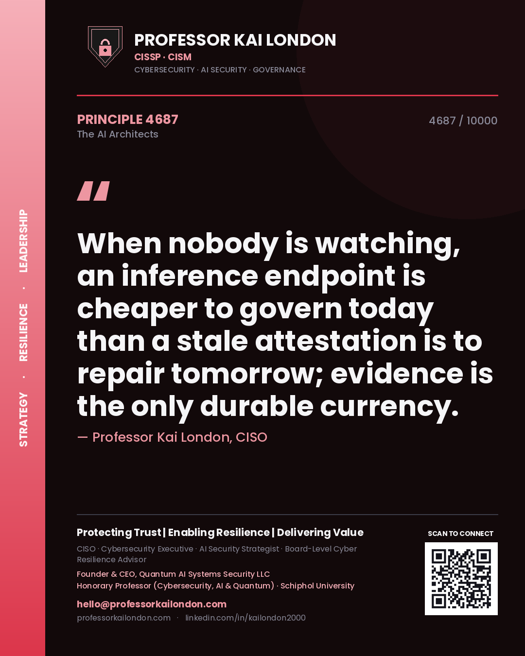 Quote card by Professor Kai London reading 'When nobody is watching, an inference endpoint is cheaper to govern today than a stale attestation is to repair tomorrow; evidence is the only durable currency.'. From the book The AI Architects.