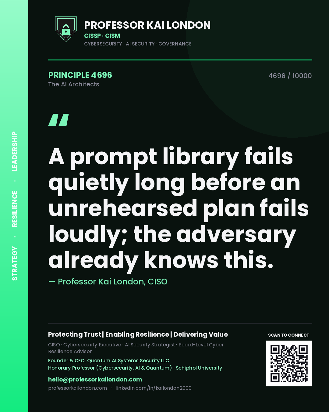 Professor Kai London principle 4696: A prompt library fails quietly long before an unrehearsed plan fails loudly; the adversary already knows this.