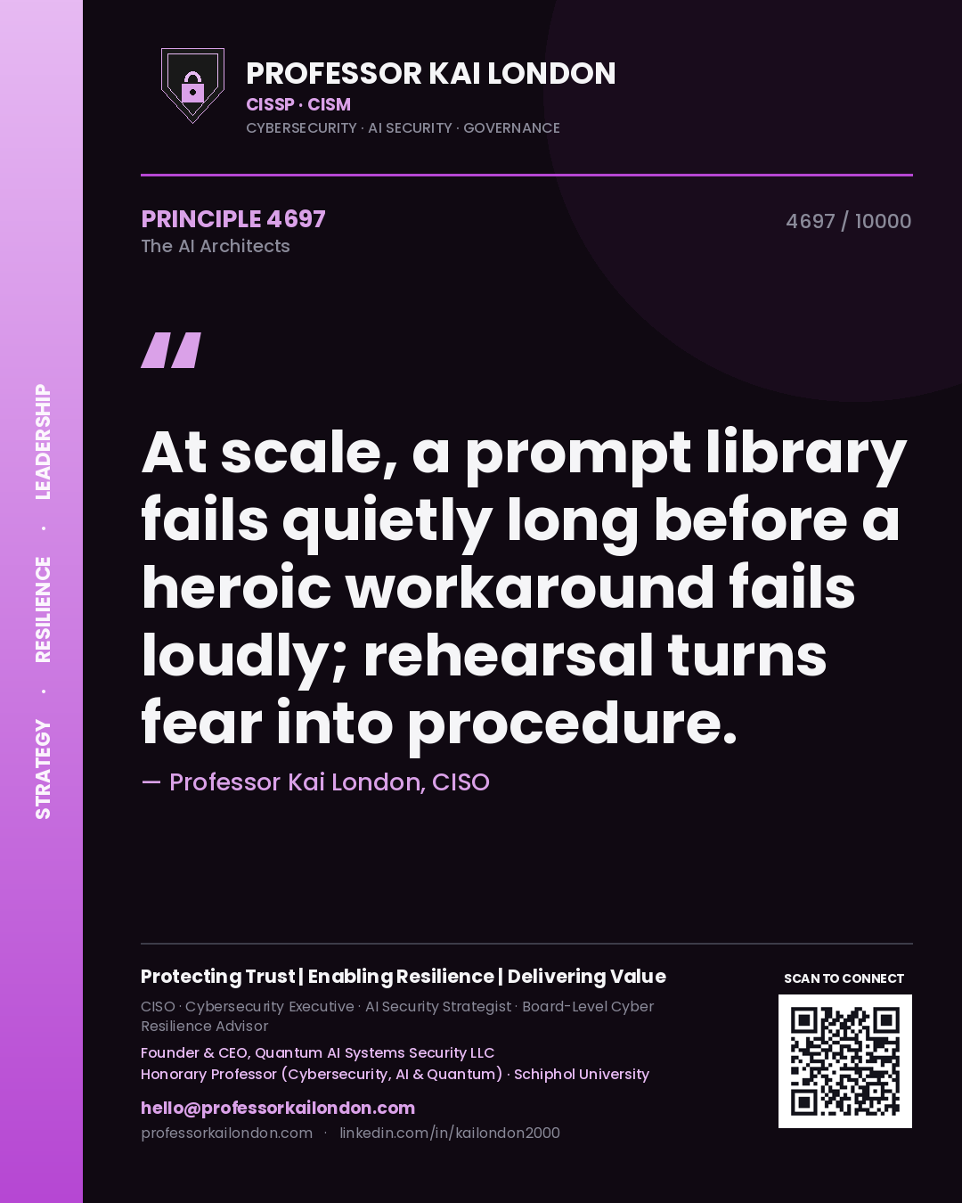 Quote card by Professor Kai London reading 'At scale, a prompt library fails quietly long before a heroic workaround fails loudly; rehearsal turns fear into procedure.'. From the book The AI Architects.