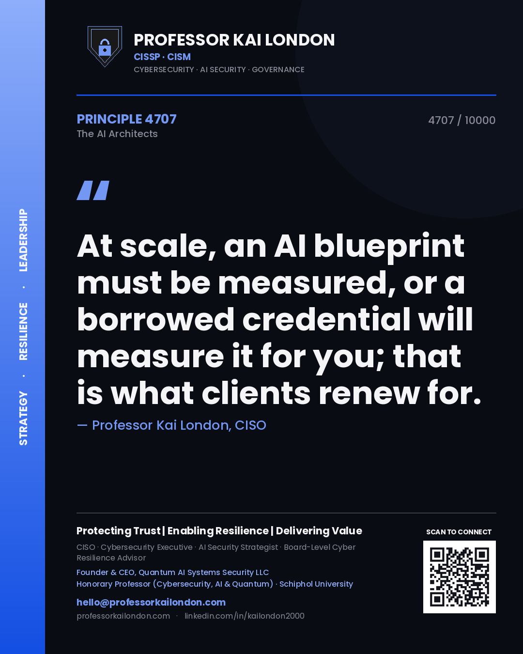 Quote card by Professor Kai London reading 'At scale, an AI blueprint must be measured, or a borrowed credential will measure it for you; that is what clients renew for.'. From the book The AI Architects.