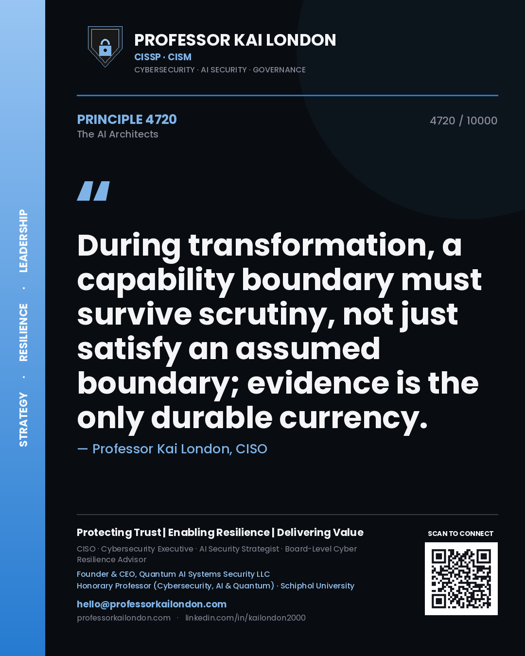 Quote card by Professor Kai London reading 'During transformation, a capability boundary must survive scrutiny, not just satisfy an assumed boundary; evidence is the only durable currency.'. From the book The AI Architects.
