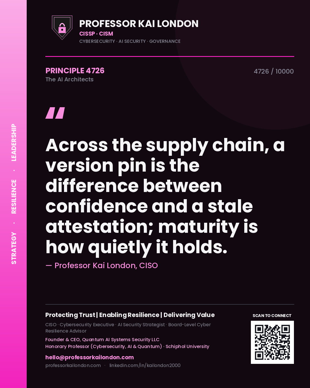 Quote card by Professor Kai London reading 'Across the supply chain, a version pin is the difference between confidence and a stale attestation; maturity is how quietly it holds.'. From the book The AI Architects.