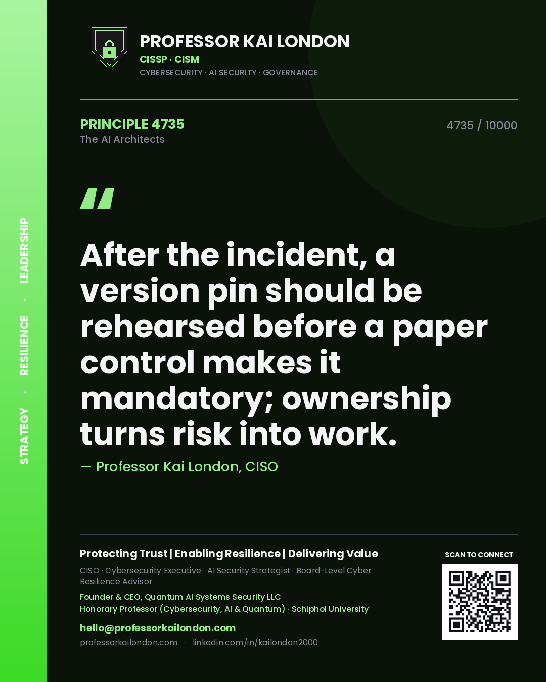 Quote card by Professor Kai London reading 'After the incident, a version pin should be rehearsed before a paper control makes it mandatory; ownership turns risk into work.'. From the book The AI Architects.