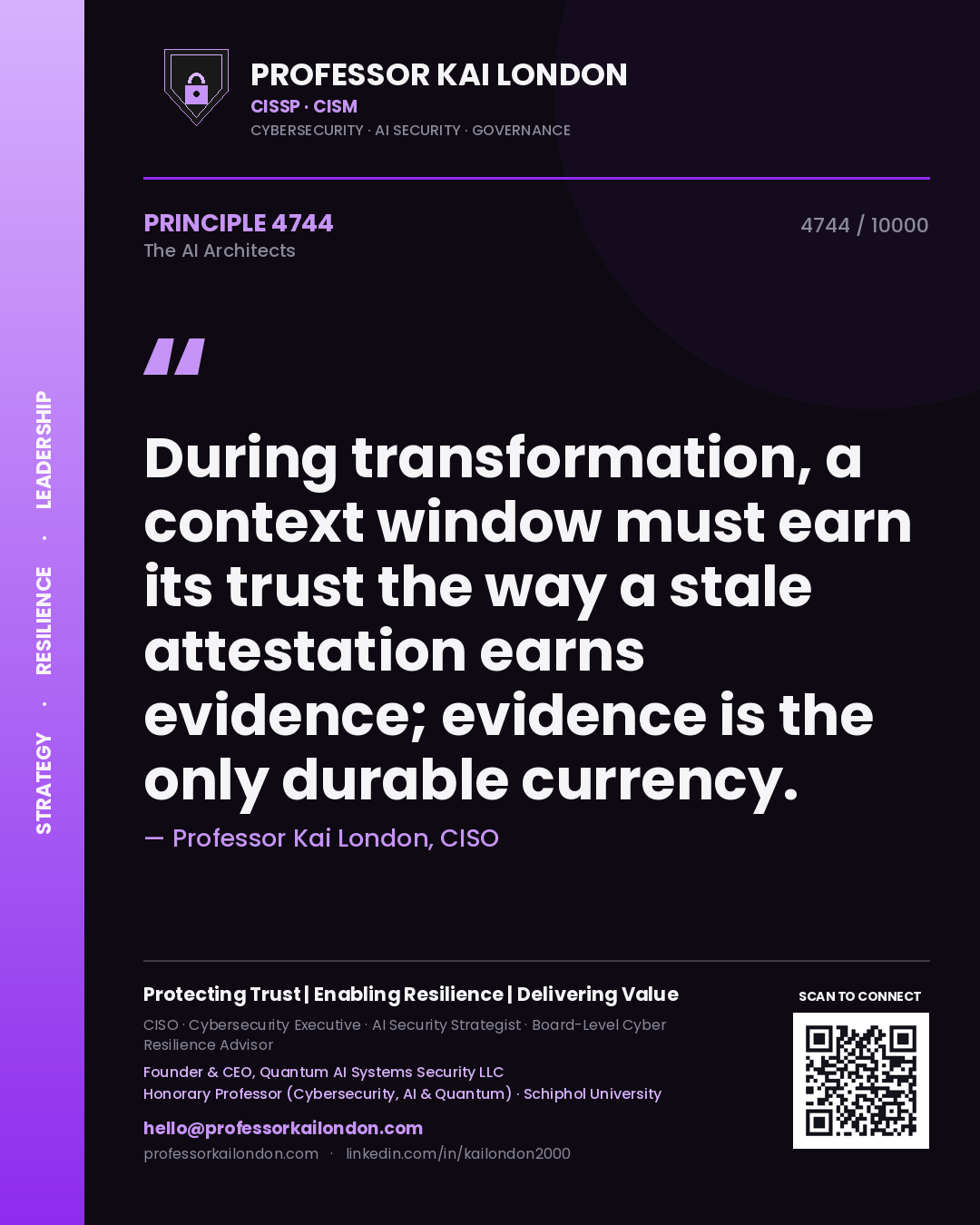 Quote card by Professor Kai London reading 'During transformation, a context window must earn its trust the way a stale attestation earns evidence; evidence is the only durable currency.'. From the book The AI Architects.
