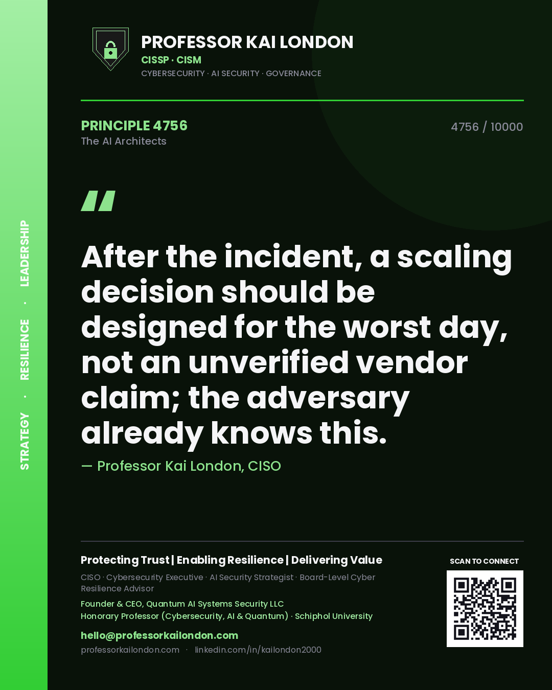 Quote card by Professor Kai London reading 'After the incident, a scaling decision should be designed for the worst day, not an unverified vendor claim; the adversary already knows this.'. From the book The AI Architects.