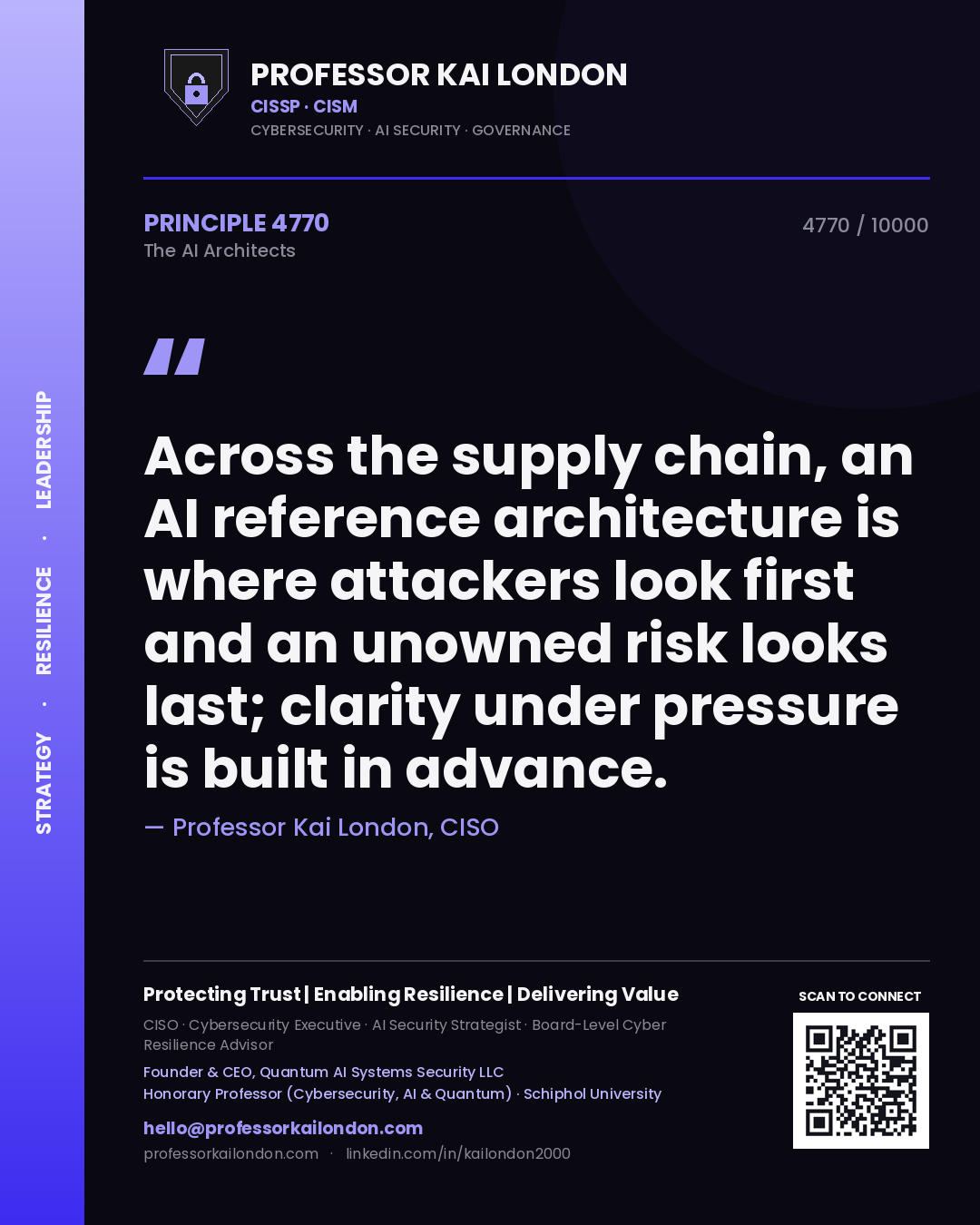 Quote card by Professor Kai London reading 'Across the supply chain, an AI reference architecture is where attackers look first and an unowned risk looks last; clarity under pressure is built in advance.'. From the book The AI Architects.