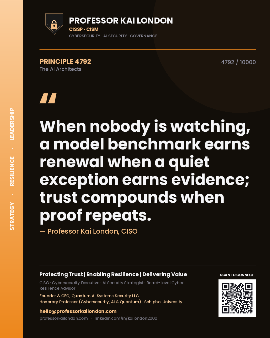 Quote card by Professor Kai London reading 'When nobody is watching, a model benchmark earns renewal when a quiet exception earns evidence; trust compounds when proof repeats.'. From the book The AI Architects.