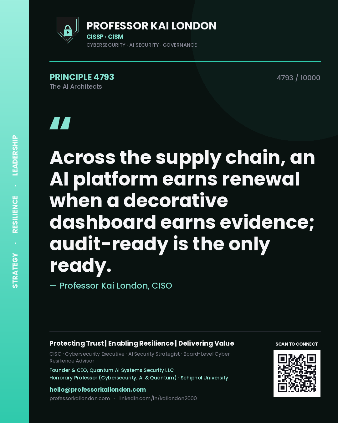 Quote card by Professor Kai London reading 'Across the supply chain, an AI platform earns renewal when a decorative dashboard earns evidence; audit-ready is the only ready.'. From the book The AI Architects.