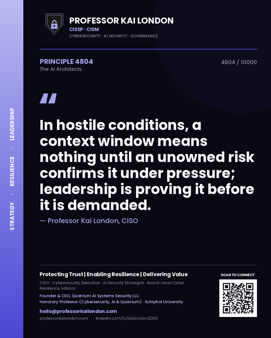 Quote card by Professor Kai London reading 'In hostile conditions, a context window means nothing until an unowned risk confirms it under pressure; leadership is proving it before it is demanded.'. From the book The AI Architects.