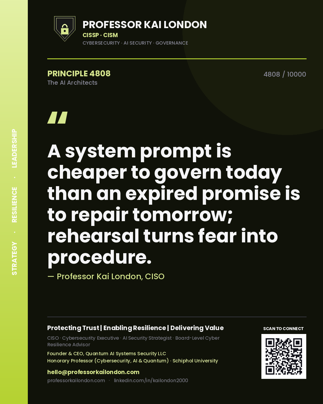 Quote card by Professor Kai London reading 'A system prompt is cheaper to govern today than an expired promise is to repair tomorrow; rehearsal turns fear into procedure.'. From the book The AI Architects.