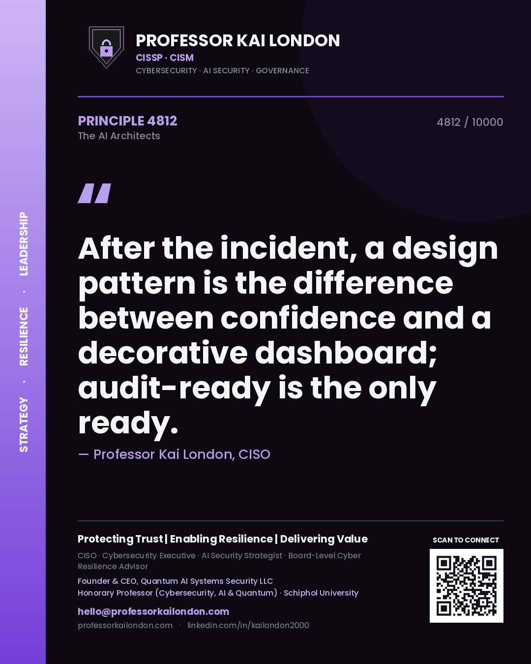 Quote card by Professor Kai London reading 'After the incident, a design pattern is the difference between confidence and a decorative dashboard; audit-ready is the only ready.'. From the book The AI Architects.