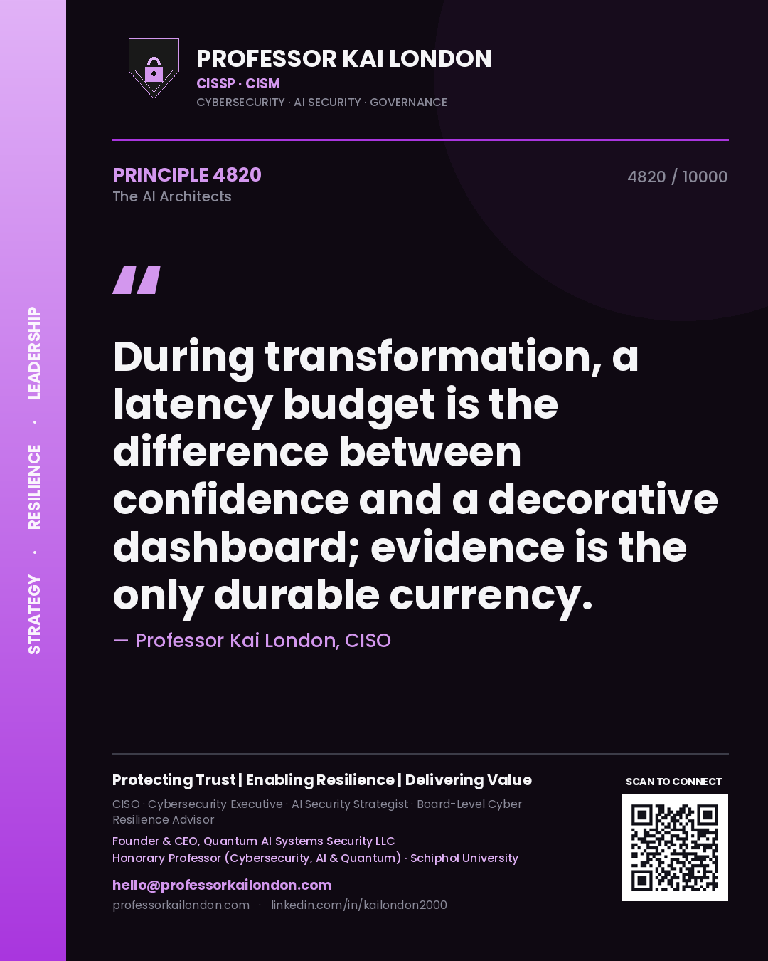 Quote card by Professor Kai London reading 'During transformation, a latency budget is the difference between confidence and a decorative dashboard; evidence is the only durable currency.'. From the book The AI Architects.