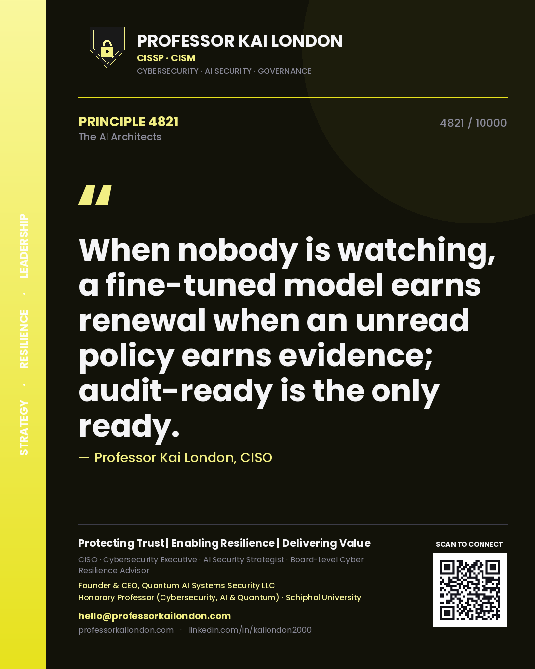 Quote card by Professor Kai London reading 'When nobody is watching, a fine-tuned model earns renewal when an unread policy earns evidence; audit-ready is the only ready.'. From the book The AI Architects.