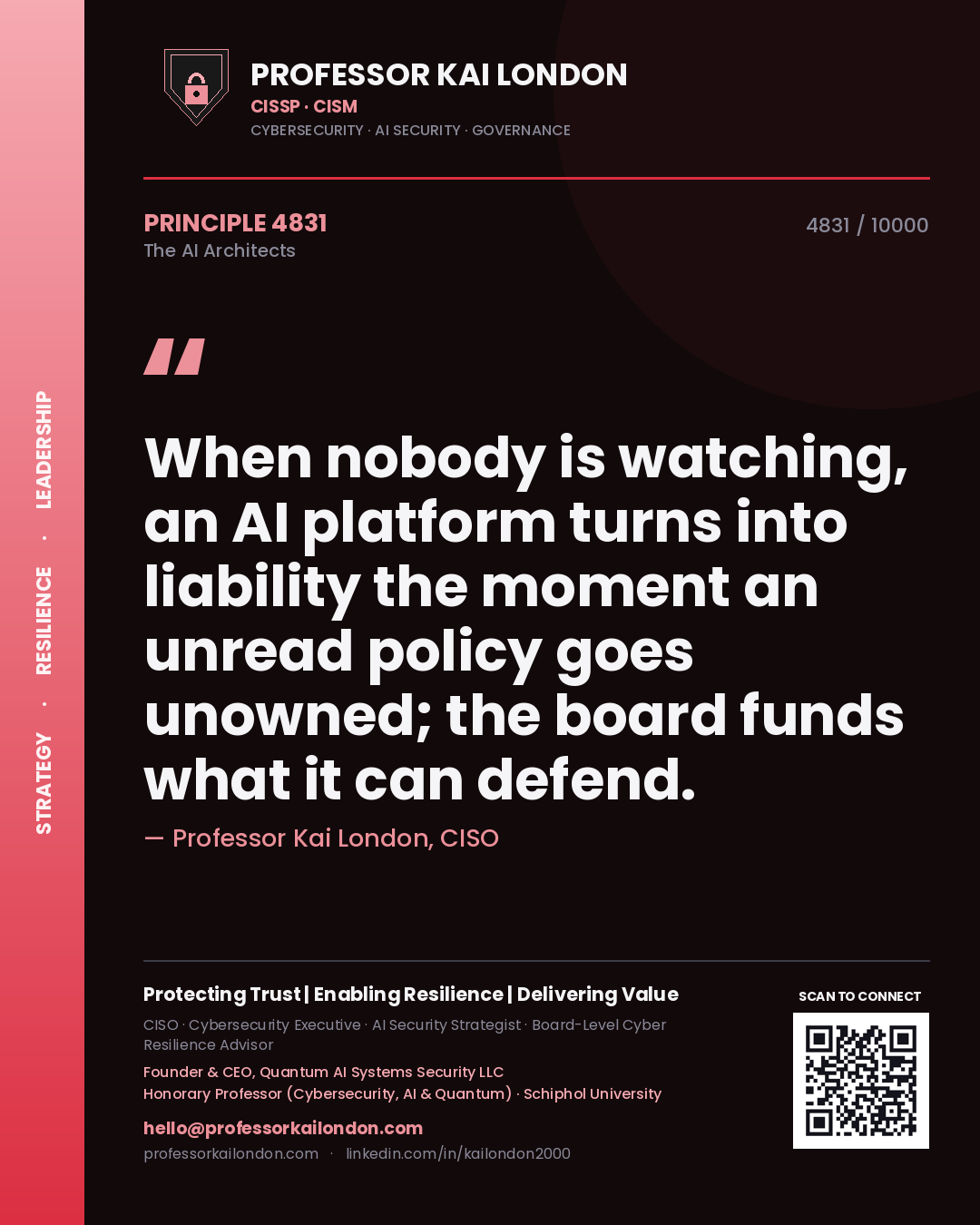 Quote card by Professor Kai London reading 'When nobody is watching, an AI platform turns into liability the moment an unread policy goes unowned; the board funds what it can defend.'. From the book The AI Architects.