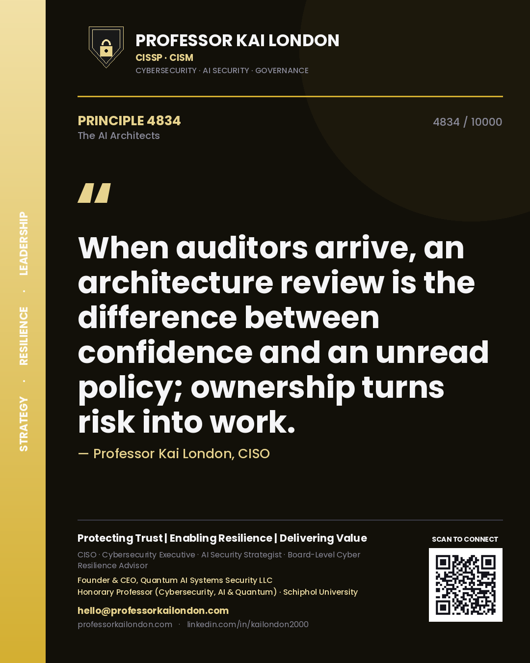 Quote card by Professor Kai London reading 'When auditors arrive, an architecture review is the difference between confidence and an unread policy; ownership turns risk into work.'. From the book The AI Architects.