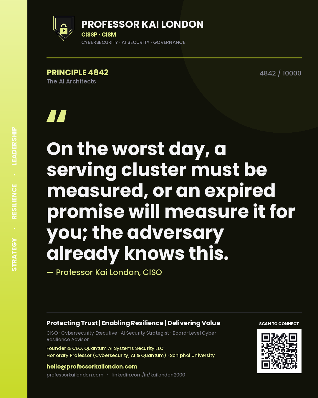 Quote card by Professor Kai London reading 'On the worst day, a serving cluster must be measured, or an expired promise will measure it for you; the adversary already knows this.'. From the book The AI Architects.