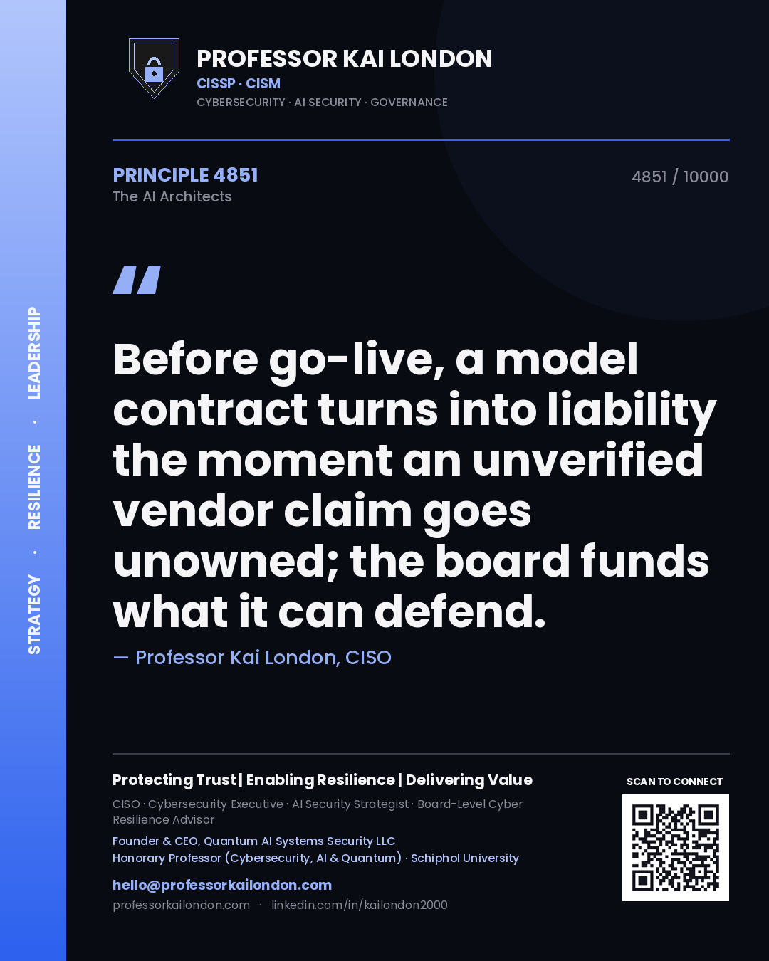 Quote card by Professor Kai London reading 'Before go-live, a model contract turns into liability the moment an unverified vendor claim goes unowned; the board funds what it can defend.'. From the book The AI Architects.
