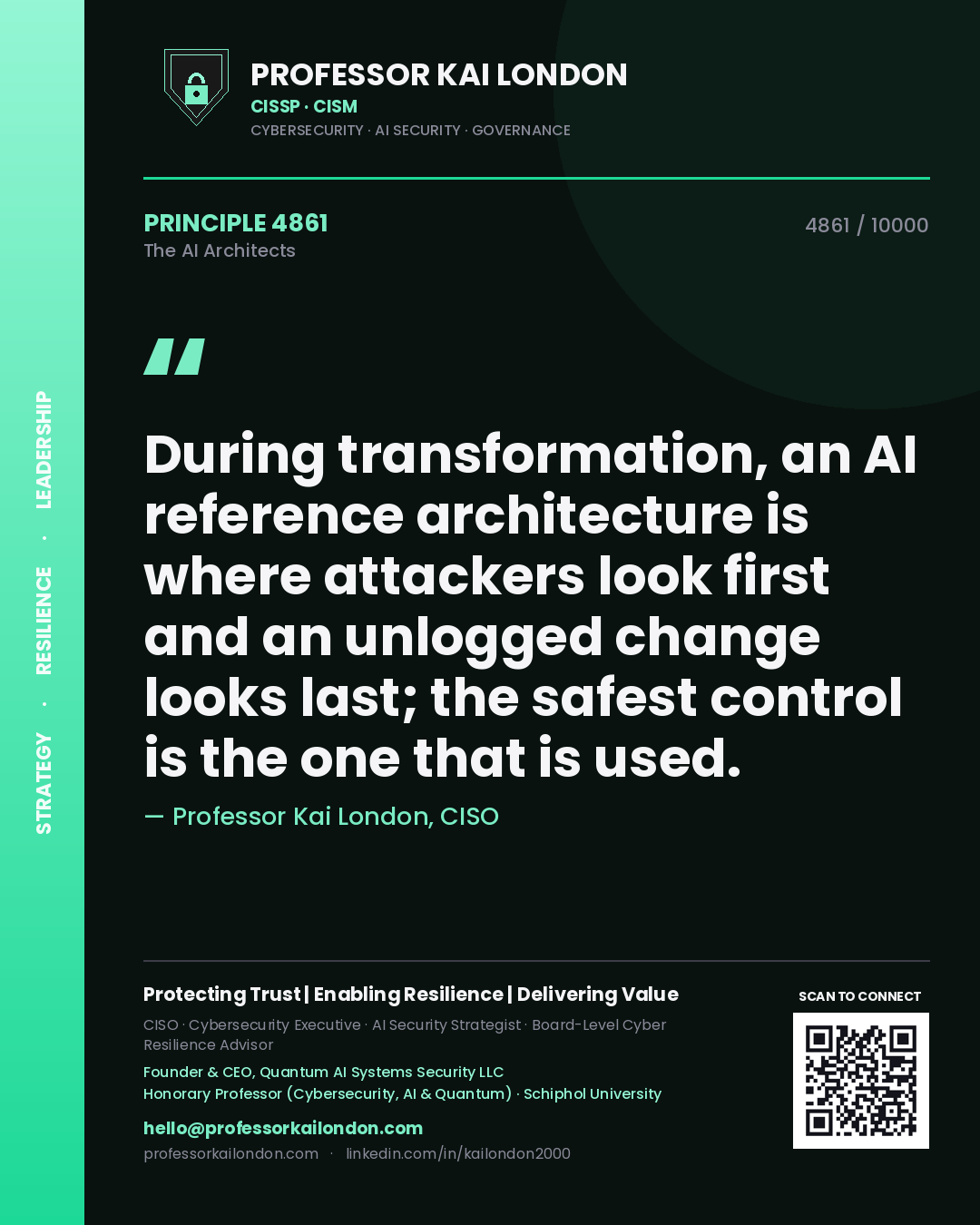 Quote card by Professor Kai London reading 'During transformation, an AI reference architecture is where attackers look first and an unlogged change looks last; the safest control is the one that is used.'. From the book The AI Architects.