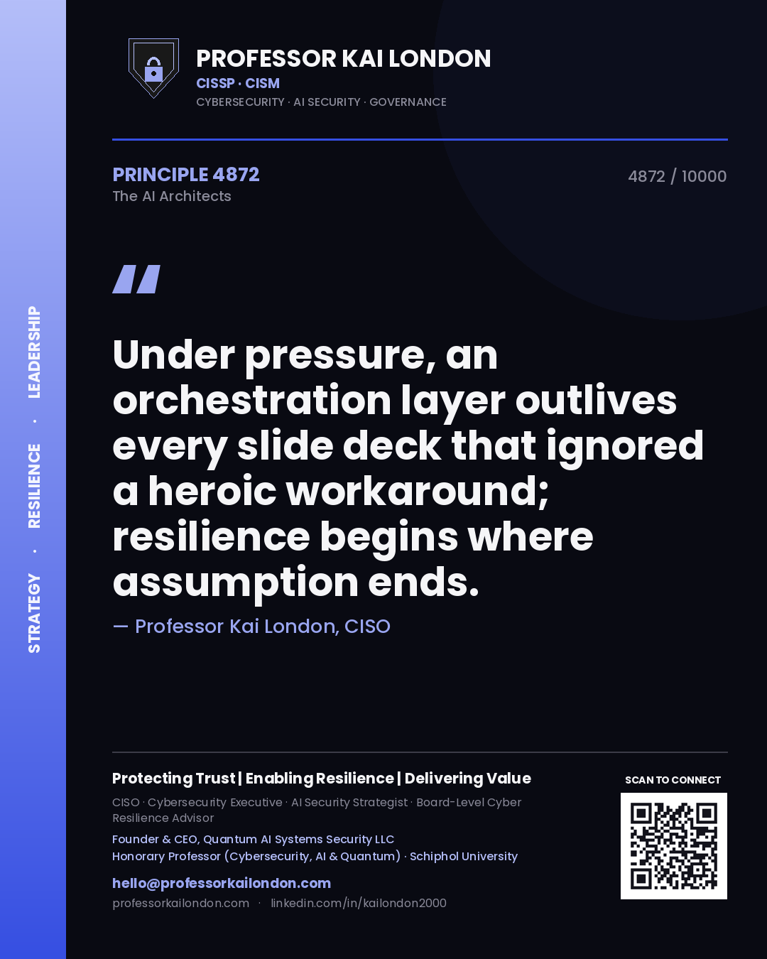 Professor Kai London principle 4872: Under pressure, an orchestration layer outlives every slide deck that ignored a heroic workaround; resilience begins where assumption ends.