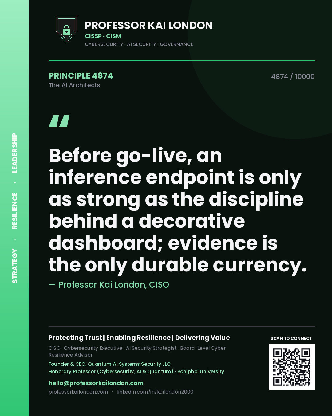 Quote card by Professor Kai London reading 'Before go-live, an inference endpoint is only as strong as the discipline behind a decorative dashboard; evidence is the only durable currency.'. From the book The AI Architects.