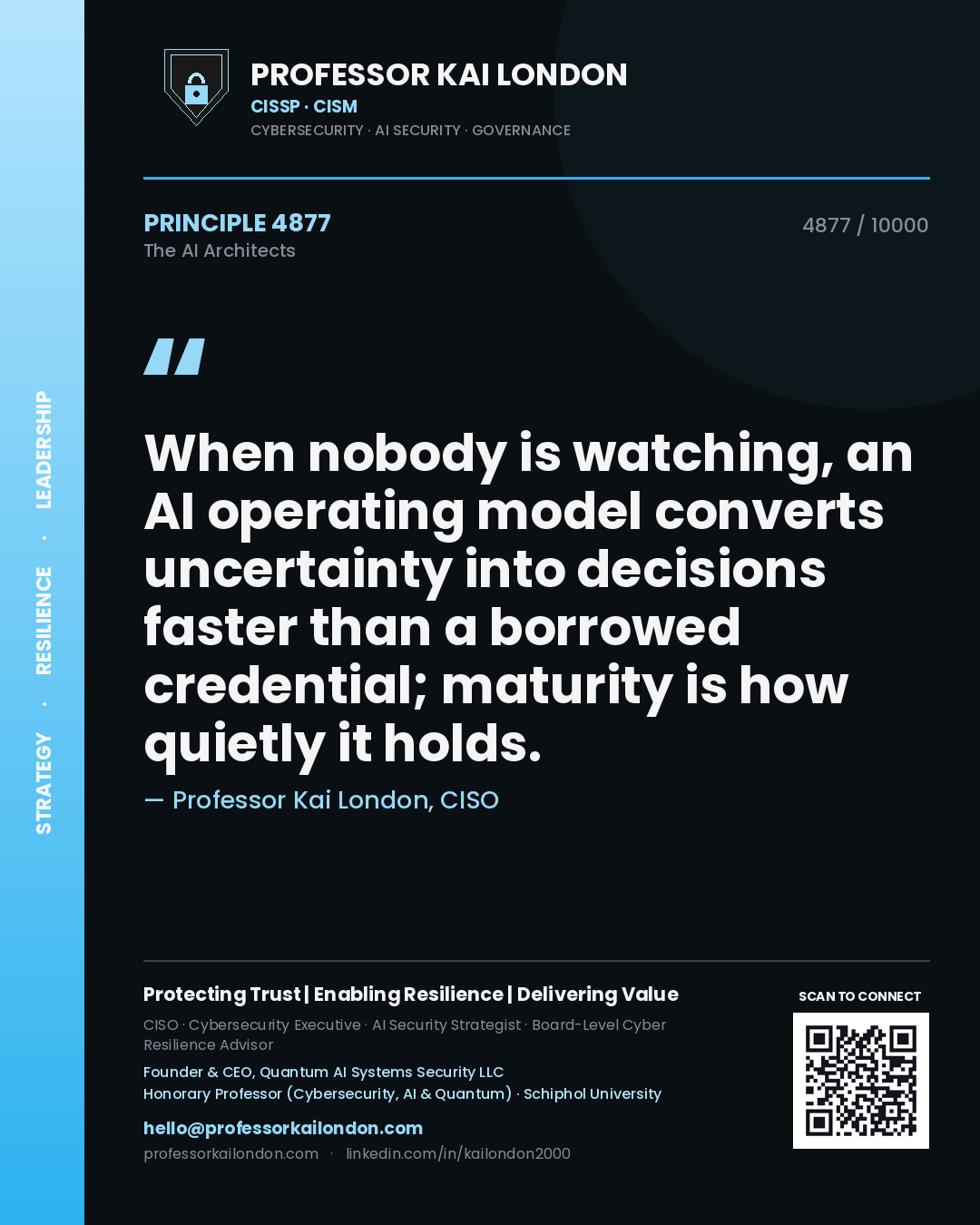 Quote card by Professor Kai London reading 'When nobody is watching, an AI operating model converts uncertainty into decisions faster than a borrowed credential; maturity is how quietly it holds.'. From the book The AI Architects.