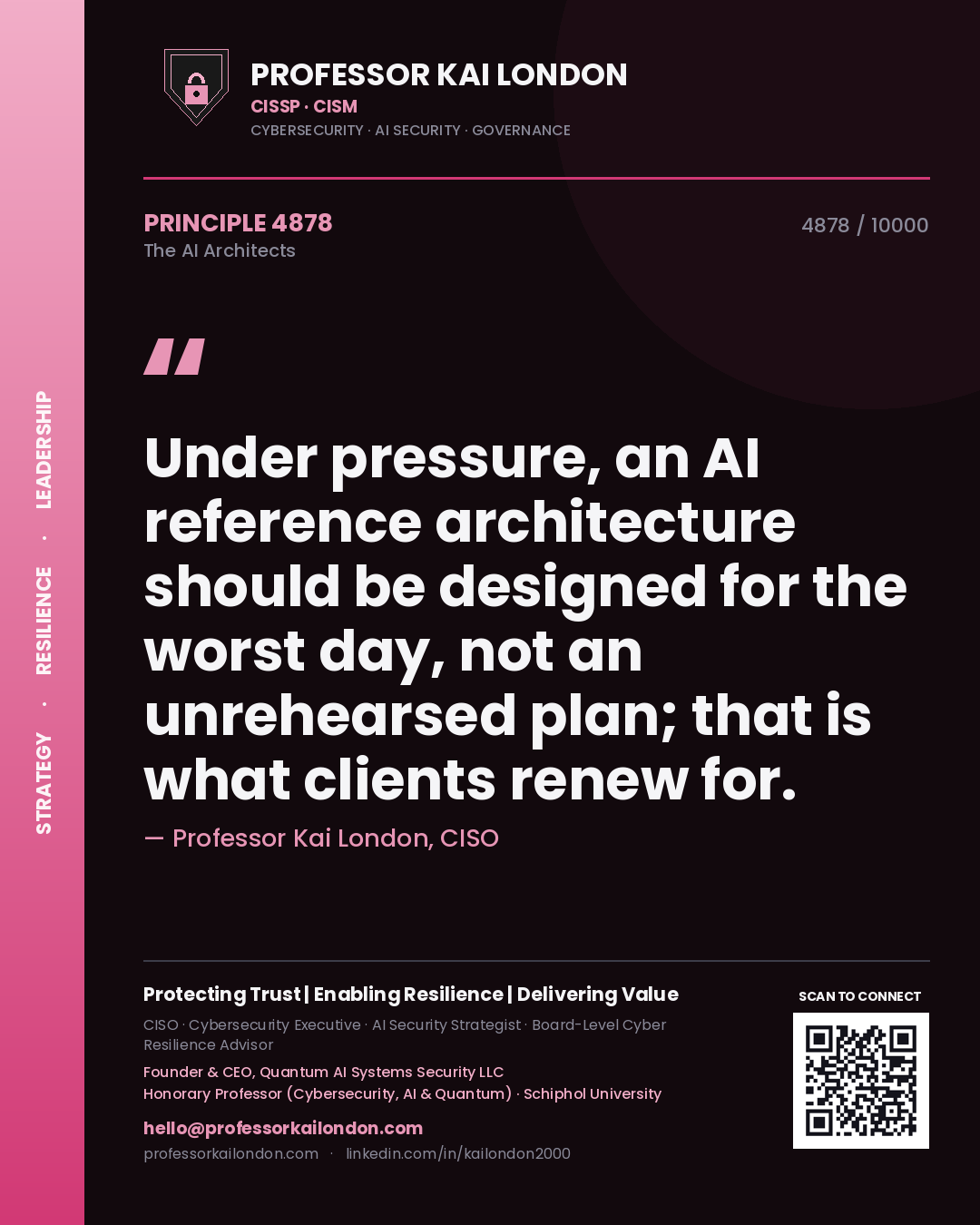 Professor Kai London principle 4878: Under pressure, an AI reference architecture should be designed for the worst day, not an unrehearsed plan; that is what clients renew for.