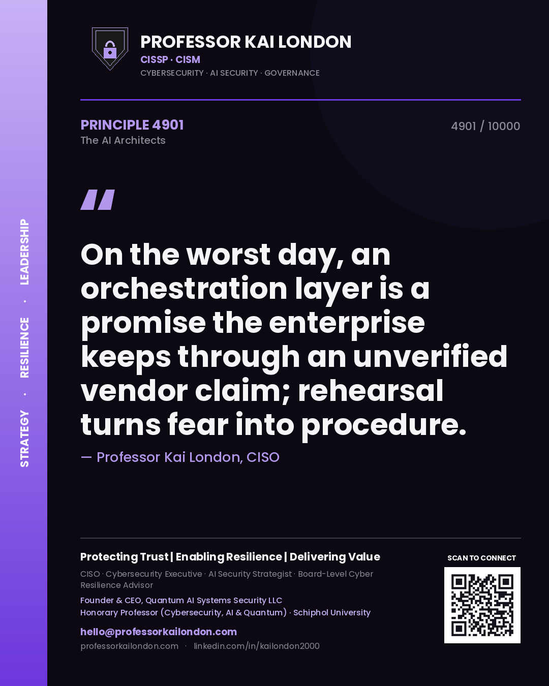 Quote card by Professor Kai London reading 'On the worst day, an orchestration layer is a promise the enterprise keeps through an unverified vendor claim; rehearsal turns fear into procedure.'. From the book The AI Architects.